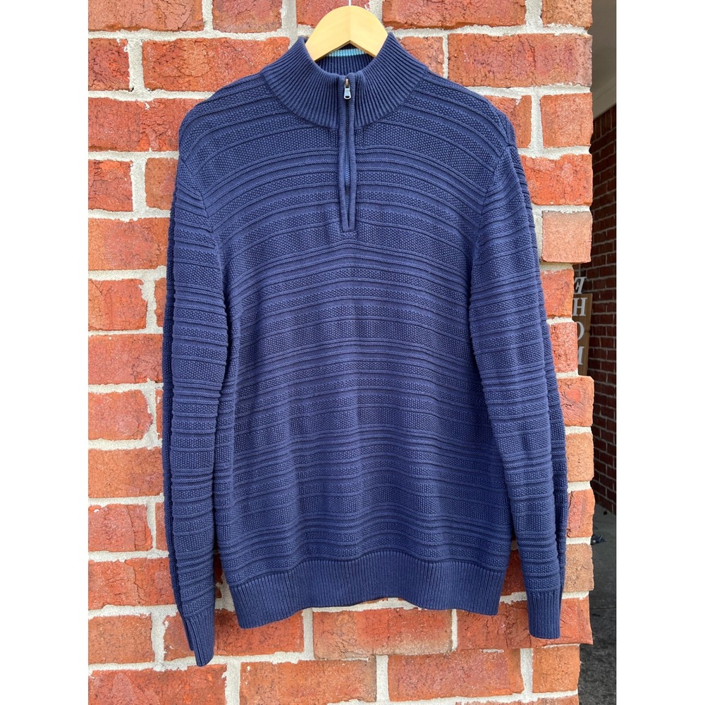 Chaps Mens Medium Navy Blue Cotton Quarter Zip Textured Knit Sweater Mock Neck